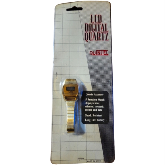 NWT 1 Vtg Men's Gold QUINTEL LCD Digital 5 Function Quartz Watch Shock Resistant - Picture 2 of 3